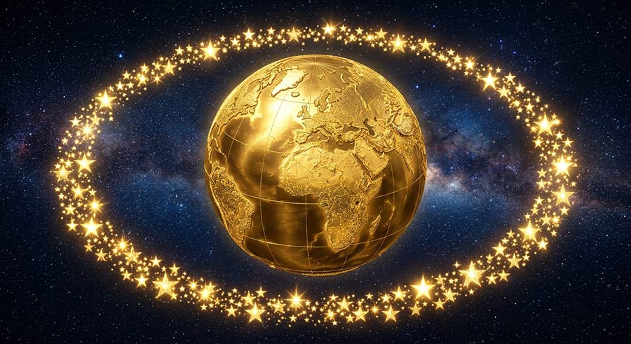 Golden earth surrounded by gold stars