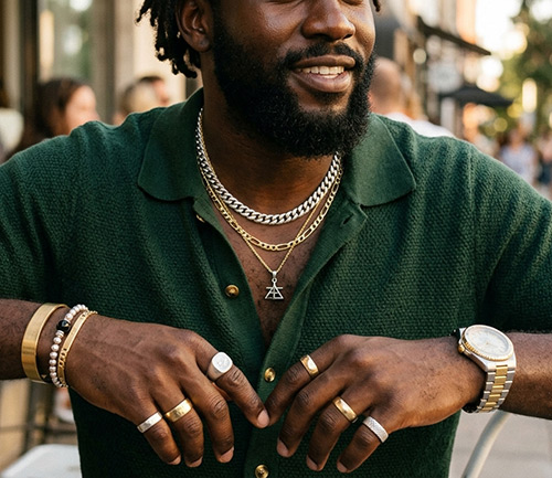 man wearing gold and silver jewelry