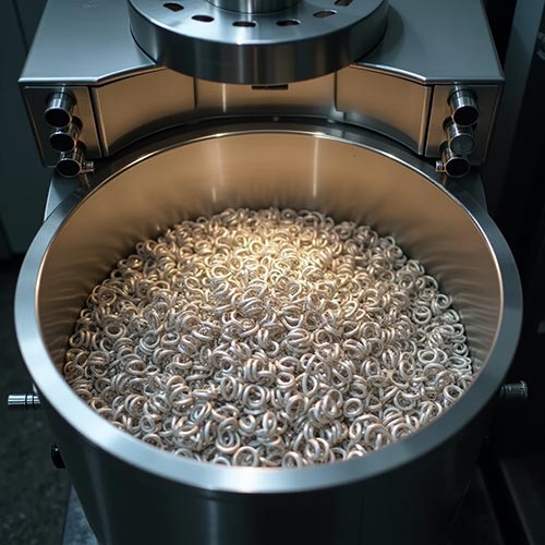 Rotating drum polishing silver jewellery in bulk