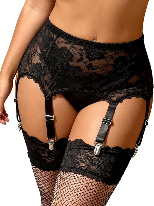 woman wearing black suspenders, garter and stockings