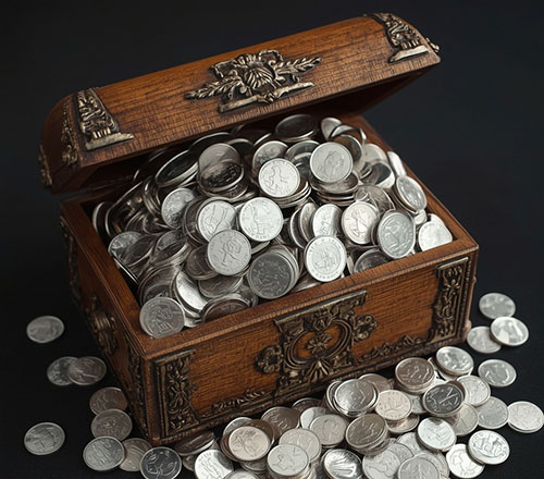 Wooden box overflowing with silver coins