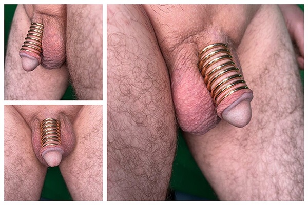 Extra long eight turn spiral cock ring worn by a model