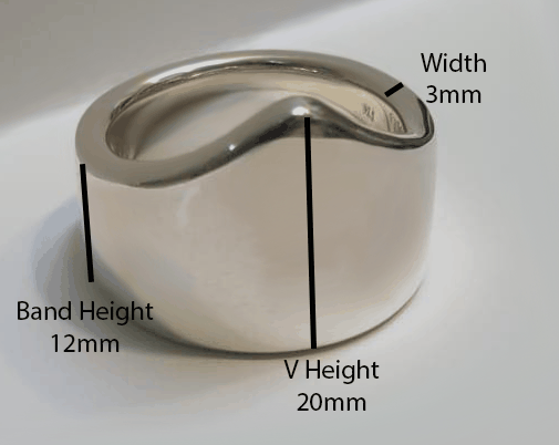 Measurements for V Glans cock ring with 12mm band and 4mm internal ball