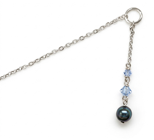 Silver pierced nipple chain with black Swarovski pearl dangles