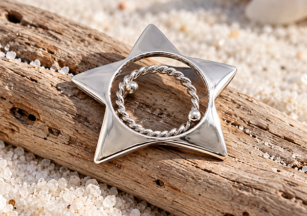 silver star nipple shield jewelry in non piercing design sat on driftwood